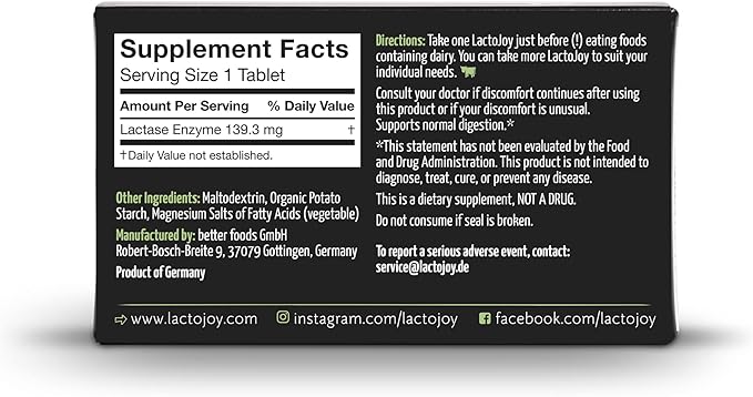 LactoJoy Lactase Pills 14,500 I 45 Pieces I Powerful Lactase Enzymes for Lactose Intolerance I Ultra Pure Lactase for Improved Digestion I No Silicon Dioxide, No Artificial Flavors, No Sucralose