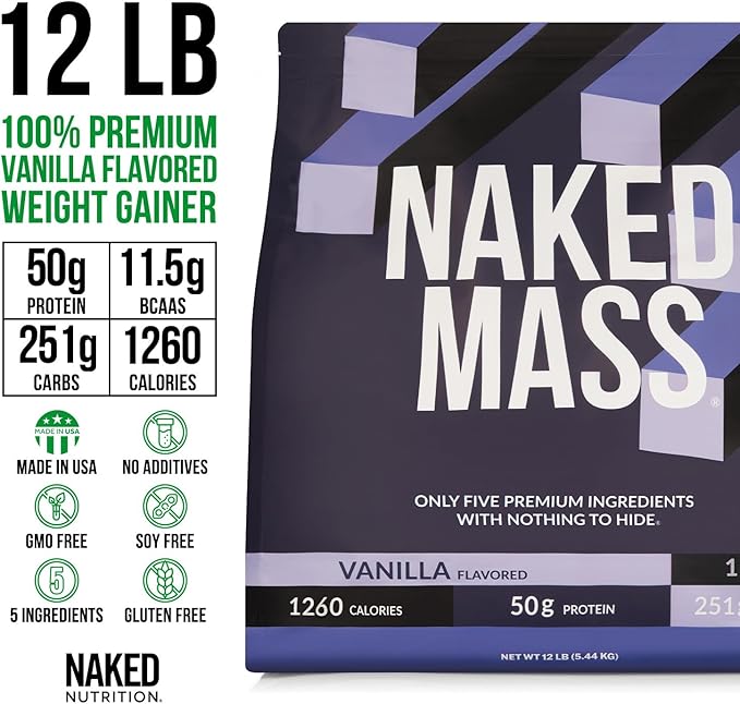 NAKED Vanilla Mass - All Natural Vanilla Weight Gainer Protein Powder - 12LB Bulk, GMO Free, Gluten Free & Soy Free, No Artificial Ingredients - 1,260 Calories - 17 Servings