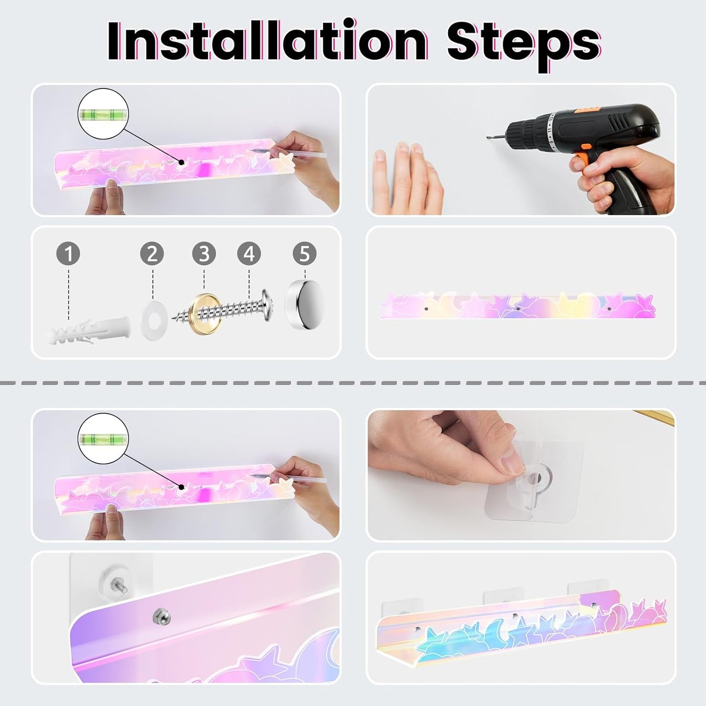 Floating Shelves for Wall,4 Pack 15.7’’x 3.5’’Adhesive Acrylic Shelves Organizer for Book Toy Photo Makeup,Wall-Mounted Kids Storage for Bathroom,Bedroom,Nursery,Iridescent Star and Moon