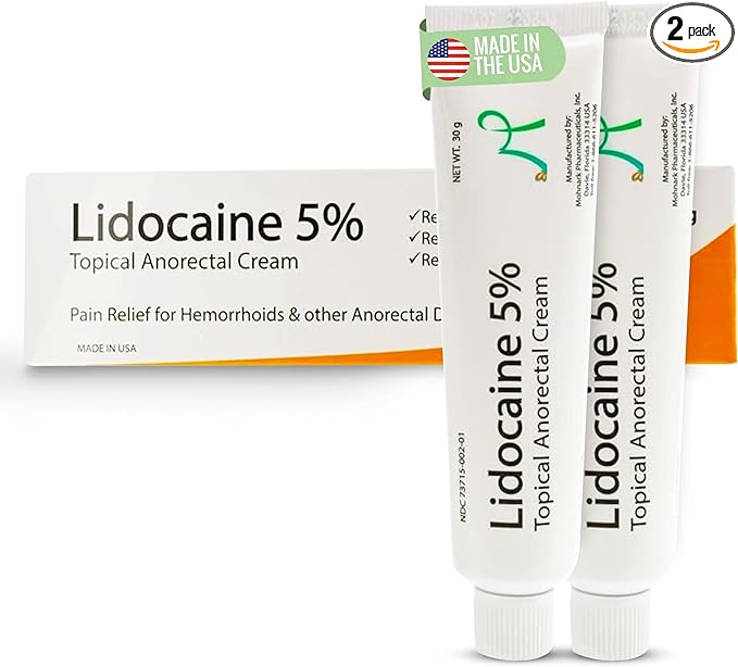 Maximum Strength 5% Lidocaine Hemorrhoid Treatment Cream for External and Internal Hemorrhoids Treatment Burn Itch Pain Relief Topical Anorectal Cream - 30 Gram Tube Made in USA 2PK