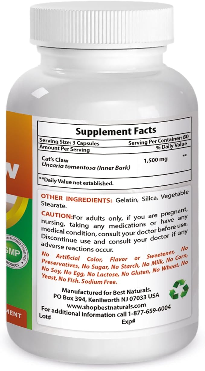 Best Naturals Cat's Claw Capsule, 500 mg, 240 Count