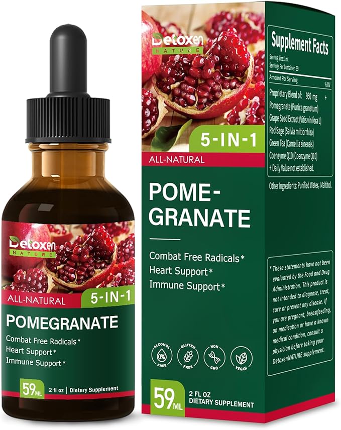 Pomegranate Extract Supplement Drops for Heart and Immune Support, 5-in-1 Fast Absorbing Herbal Supplements with Red Sage Coenzyme Q10 Green Tea. 2 oz
