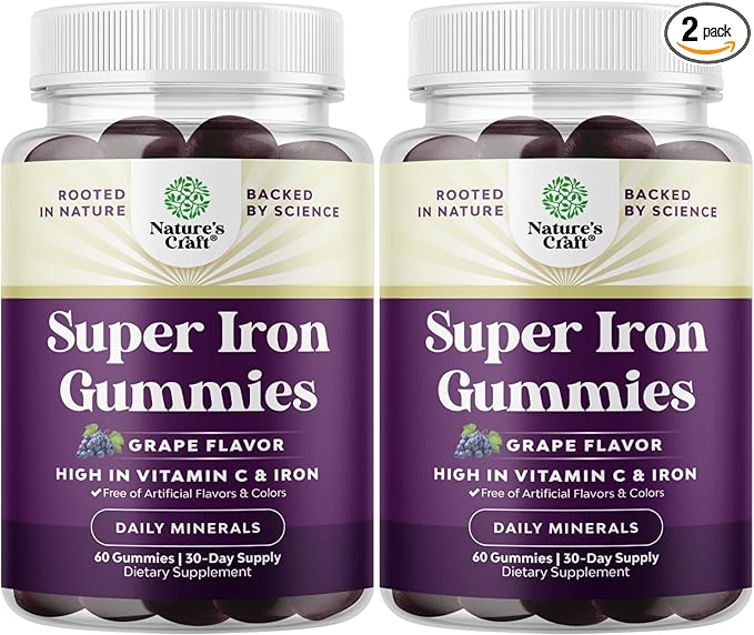Extra Strength Iron Gummies for Women and Men - Potent 45mg per Serving Chewable Iron Supplement for Women & Men with Vitamin C Higher Absorption - Vegan Daily Gummy Adults (60 Servings)