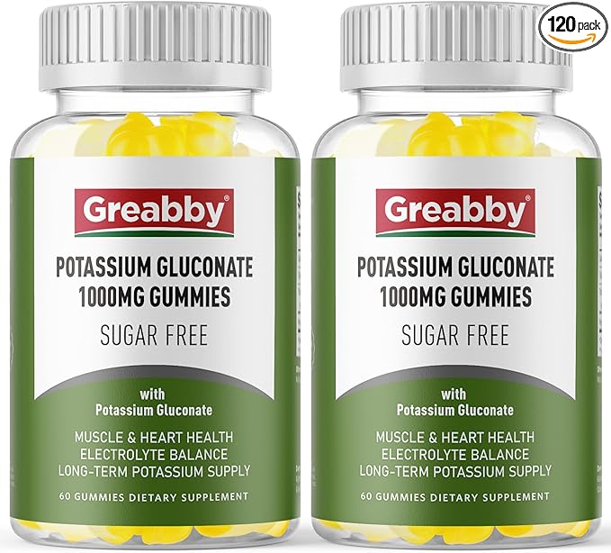 Potassium Gluconate 1000 mg Gummies, Sugar Free for Women & Men Adults, Support Muscle Cramps & Heart Health, Chewable Potassium Supplement, Lemon Flavor, Vegan Source, 120 Gummies