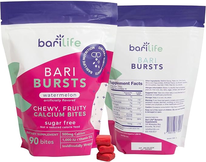 Calcium Citrate Bariatric Calcium Chews with 1000 IU Vitamin D3 - Ideal for Bariatric Patients - BariBurst by Bari Life (Watermelon)