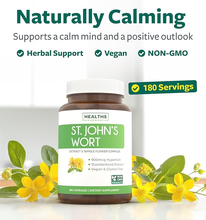 St John's Wort Capsules - Powerful & Potent Saint John's Wort Extract & Whole Herb Complex Standardized to 900mcg Hypericin for Balancing Daily Mood Support - Vegan Non-GMO & Lab Verified (180 Caps)