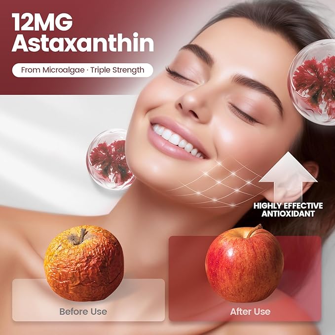 Astaxanthin 12mg, 480 Softgels, Fresh Haematococcus Pluvialis 10 in 1 Astaxanthin Antioxidant Supplements, Contains Lycopene, Grape Seed, Vitamin E, & More Supports Eye, Joints, Skin Health, 2 Bag