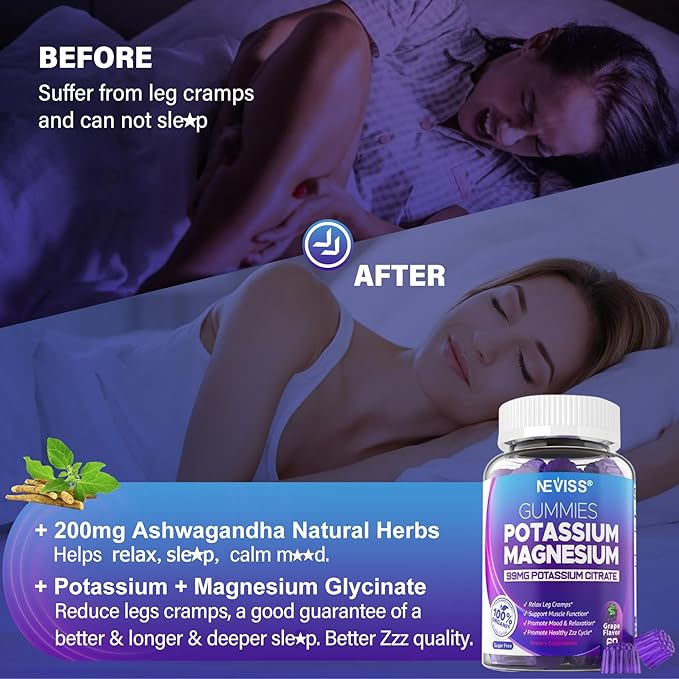 Potassium Magnesium Gummies - Potassium Supplement w/Ashwagandha 200mg, Magnesium Glycinate,B6,B12,P-otassium Citrate for Leg Cramps,Muscle,Electroyte for Adults Kids,Sugar-Free,1Pack