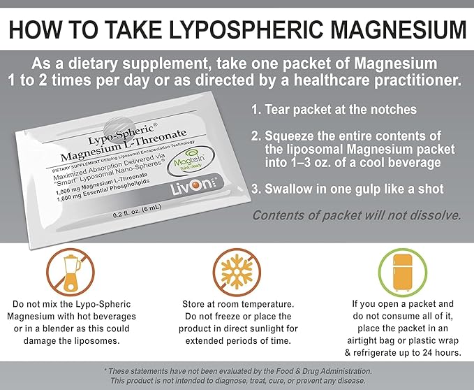 LivOn Laboratories Lypo-Spheric Magnesium L-Threonate - 30 Packets - 77mg Per Packet - Liposome Encapsulated for Maximum Bioavailability - Professionally Formulated - 100% Non-GMO