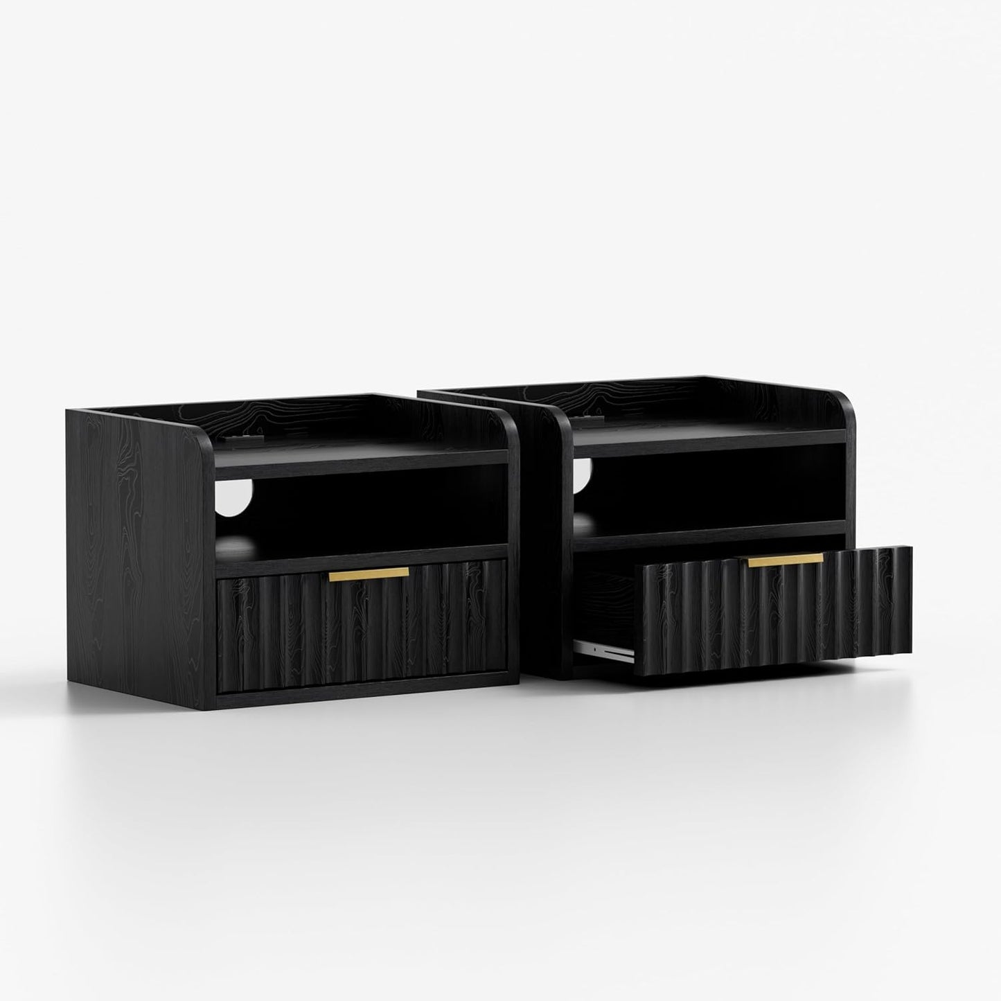 Fluted Floating Nightstands Set of 2 with Drawer, Modern Small Wall Mounted Storage Night Stand with Charging Station, Wood Bedside Table USB C & USB A Ports, Black