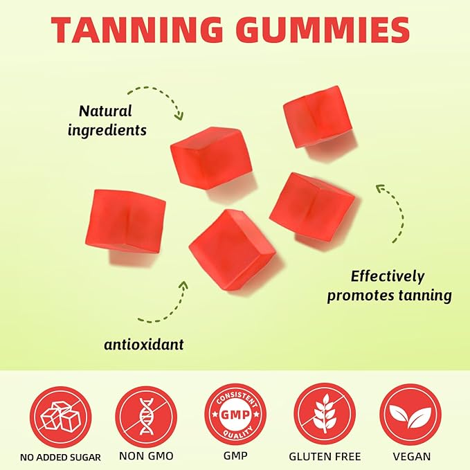 Tanning Gummies - Tan Bronzing Supplement with Astaxanthin Lycopene Beta Carotene Vitamins Supports Sun-Kissed Glow Non-GMO, Vegan Friendly (30-Day Supply)