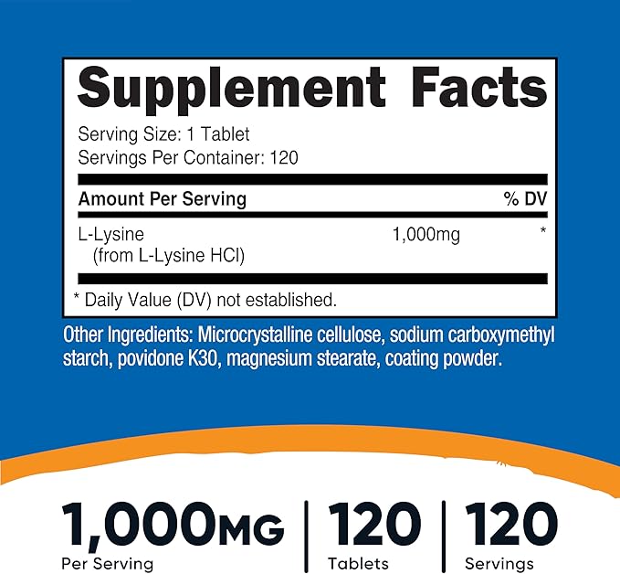 Nutricost L-Lysine 1000mg, 120 Tablets - Gluten Free, Non-GMO, and Vegetarian Friendly