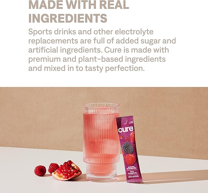 Cure Hydration | Plant-Based Electrolyte Drink Mix | No Added Sugar | Dehydration Relief Powder Made with Coconut Water | Non-GMO | Vegan | Pouch of 14 Packets - Berry Pomegranate