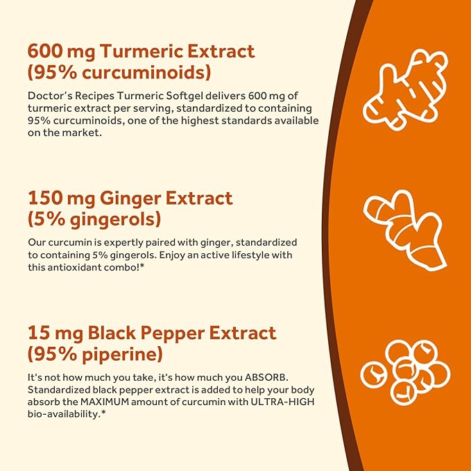 Doctor's Recipes Turmeric Softgel 750mg Curcuminoids (95%) with Ginger Extract (5% gingerols) for Antioxidant Function, Mobility & Flexibility, Black Pepper for Optimal Absorption, 90 Softgels