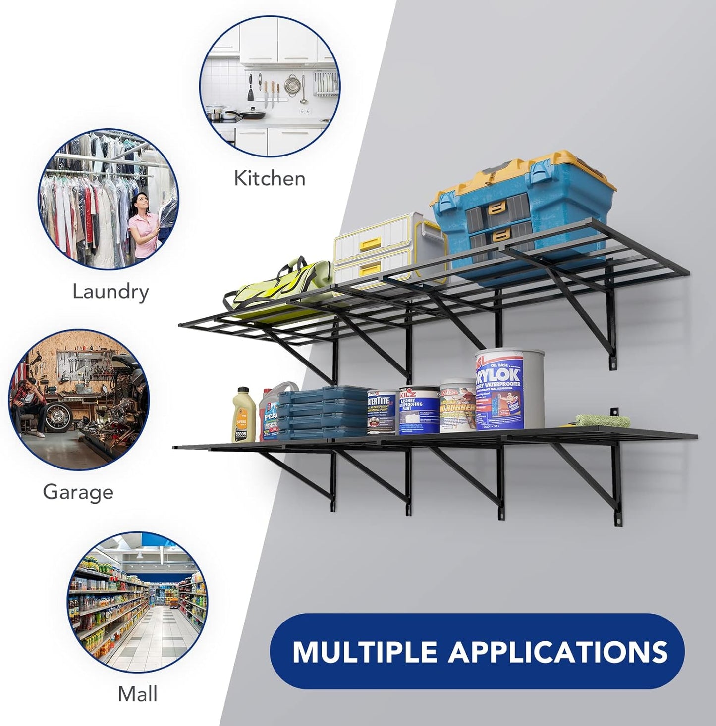 FLEXIMOUNTS 2x6ft Heavy Duty Garage Storage Shelving, 1600lbs Total Weight Capacity, 2 Pack Wall Organization System, 24 x75inch Rack Floating Shelves, Pro Series