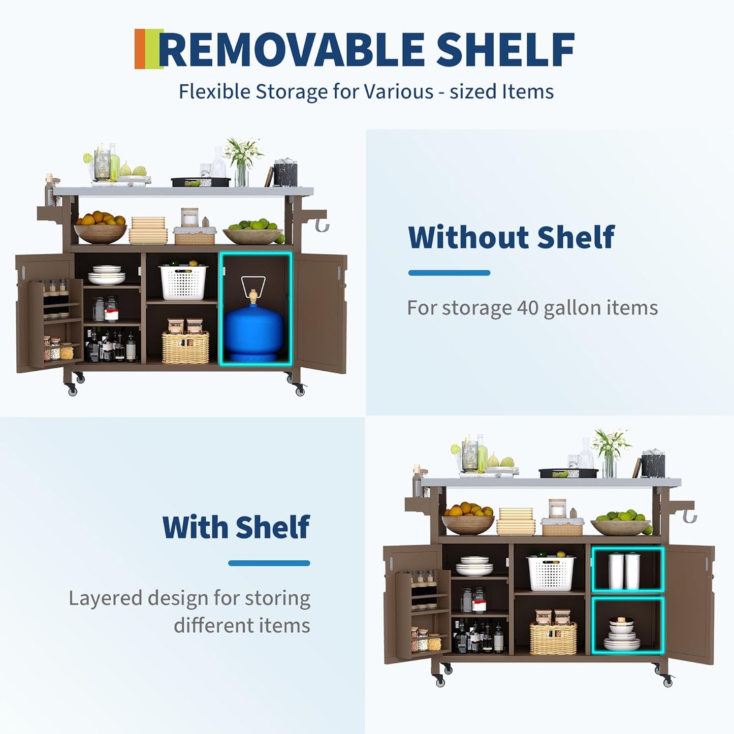 Outdoor Grill Cart with Storage Cabinet, Wood Outdoor Kitchen Island on Wheels, Grill Cart Table with Stainless Steel Table Top, Spice Rack, Towel Rack & Lockable Wheels for Kitchen,BBQ, Coffee