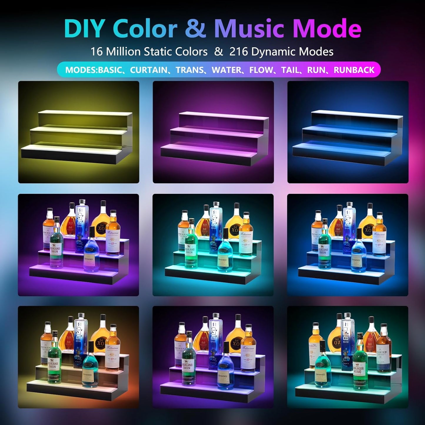 Led Lighted Liquor Bottle Display Shelf, 20 Inch 3 Tier Whiskey Rack, Support USB, Bar Stand with RF Remote & App Control, Illuminated Acrylic Lighting Shelves for 18 Bottles, Home Bar, Party