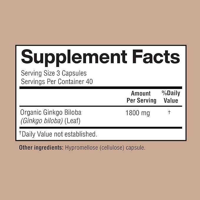 Ginkgo Biloba 1800mg, Ginkgo Biloba Organic, Memory & Brain Function Support, Improves Concentration and Cognitive Support, Clarity, 120 Veggie Caps, Non GMO, 120Caps