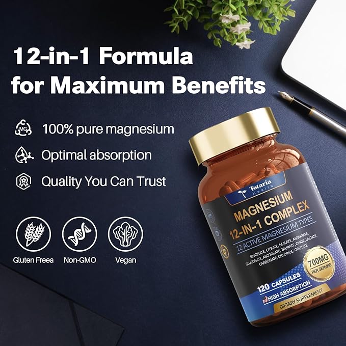 Magnesium Complex 700mg 12 in 1 Magnesium Supplement with Glycinate Citrate Malate Oxide Taurate Aspartate Orotate Magnesium Relaxation,Muscle,Heart Support, Vegan 120 Capsules