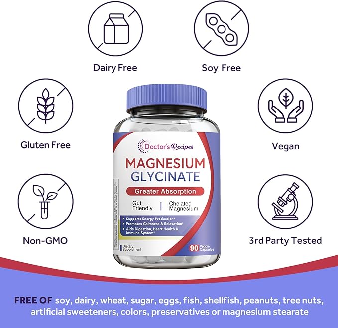 Doctor's Recipes Magnesium Glycinate Supplement, Amino Acid Chelated, Non Buffered, High Absorption, Easy on Stomach, Support Calm, Bone, Heart, Energy, Nerve, 90 Vegan Capsules