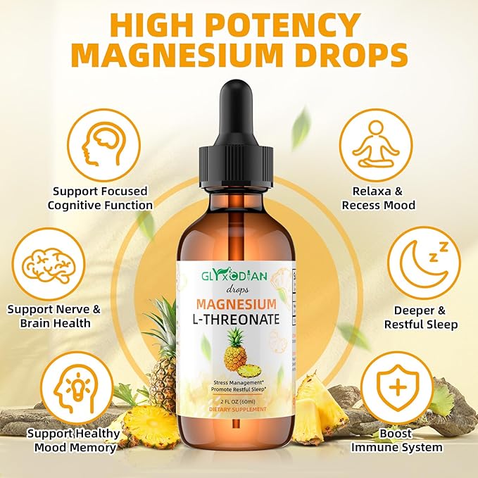 Magnesium L-Threonate Liquid Drops- Magnesium Glycinate Liquid, Support Mood Balance, Muscle, Energy, Sleep, Calm & Nerve, High Absorption, 2 FLOZ, Non-GMO, Suger-Free, Pineapple Flavor