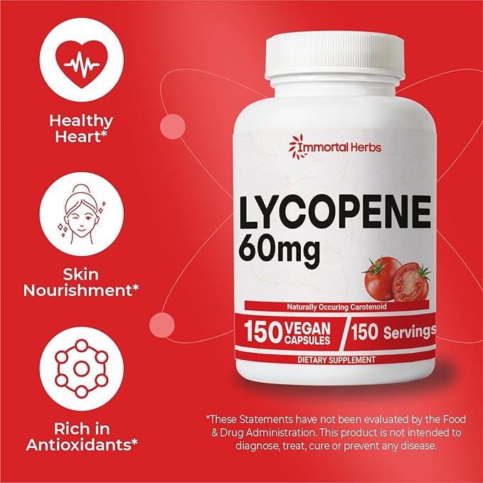 Lycopene Supplement for Men 60mg, 150 Capsules, Natural Tomato Extract Powder for Skin, Heart & Immune Support, 100% Veg Lycopene Complex, Non-GMO and Gluten Free Carotenoid Supplement