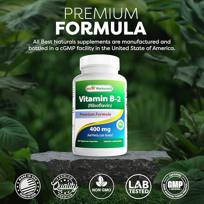 Best Naturals Vitamin B2 (Riboflavin) 400mg - Migraine Relief - Veggie Capsules - Conezyme Precursor - 120 Count