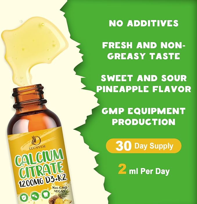 Calcium Citrate 1200 mg with Vitamin D3 Liquid Drops for Women & Men, Calcium Citrate with Vitamin D3 & K2 for Bone Muscle & Teeth- 2 Fl oz- 30 Day Vegan Supply