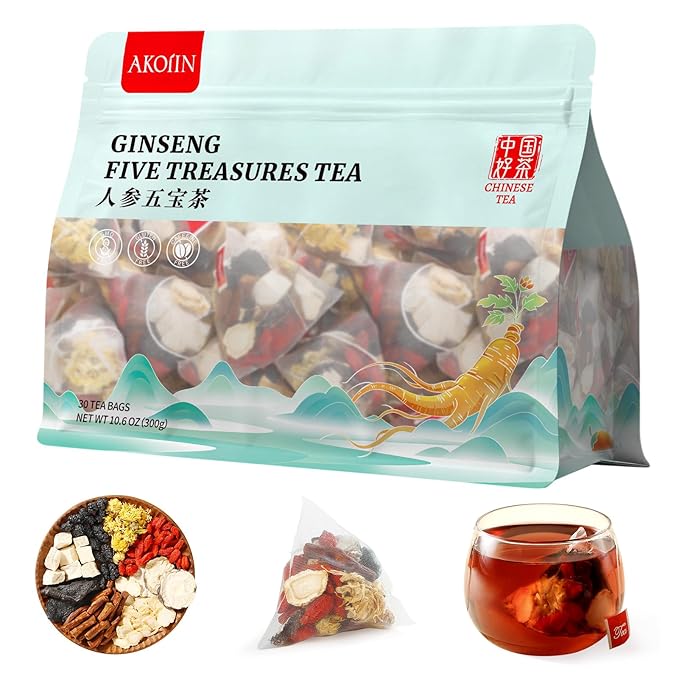 Kidney Tea Formula Ginseng Five Treasures Tea - 30 Bags, Traditionally Family-Grown, Caffeine-Free Pure Herbal Blend with 8 Traditional Chinese Herbs for Men & women