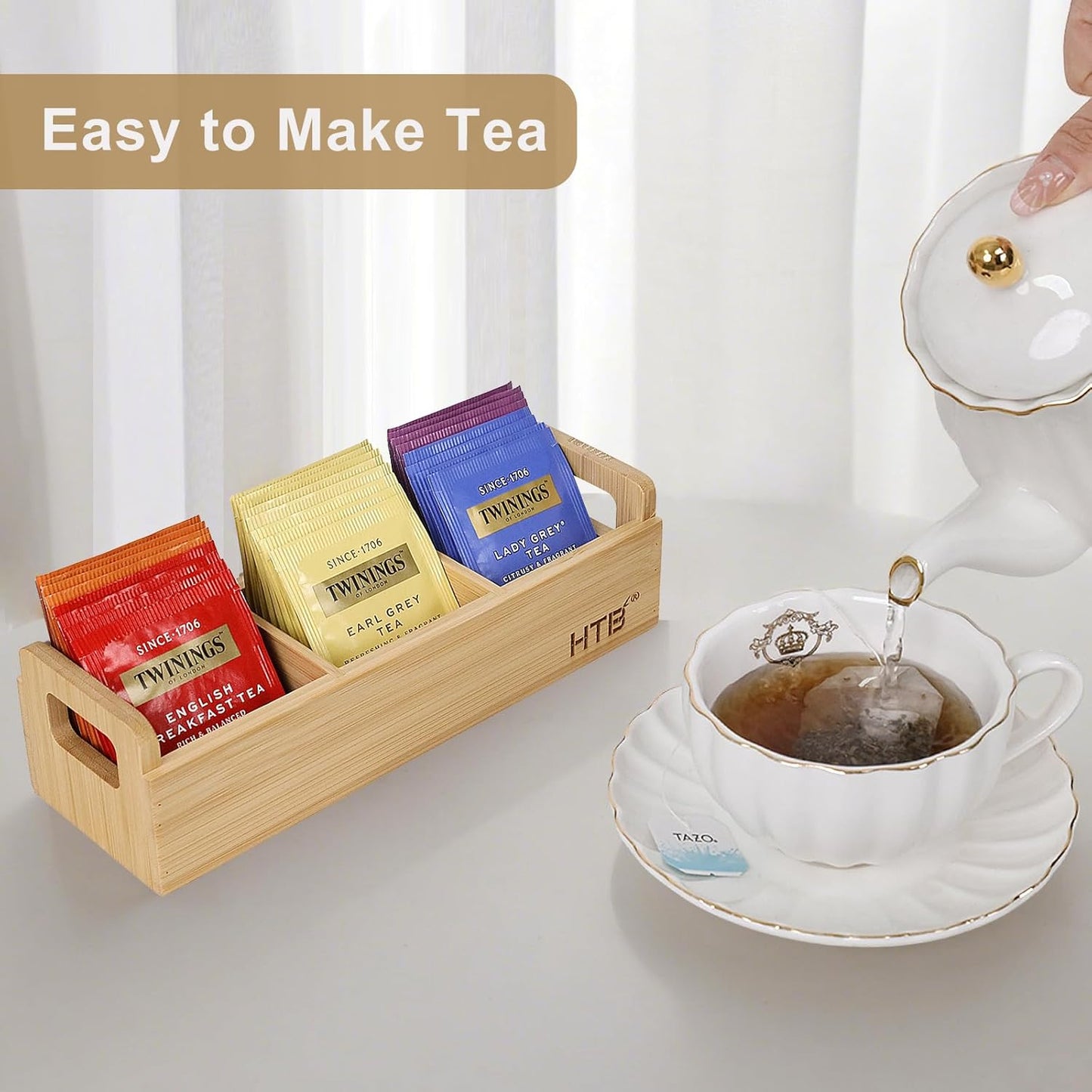 HTB Small Tea Bag Holder Pack of 2, Bamboo Tea Organizer 3 Compartments for Beverage Suppliers, Sweeteners, Individual Packets, Portable Tea Bag Organizer for Home Kitchen Counter or Office