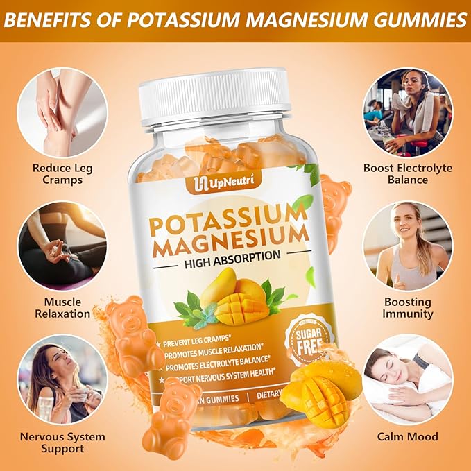 Potassium Magnesium Supplement for Adults Kids, Sugar-Free Potassium Gummies Supports Leg Cramps & Muscle & Immune Health, Non-GMO Vegan Magnesium Glycinate Gummies Mango Flavor 120 Count