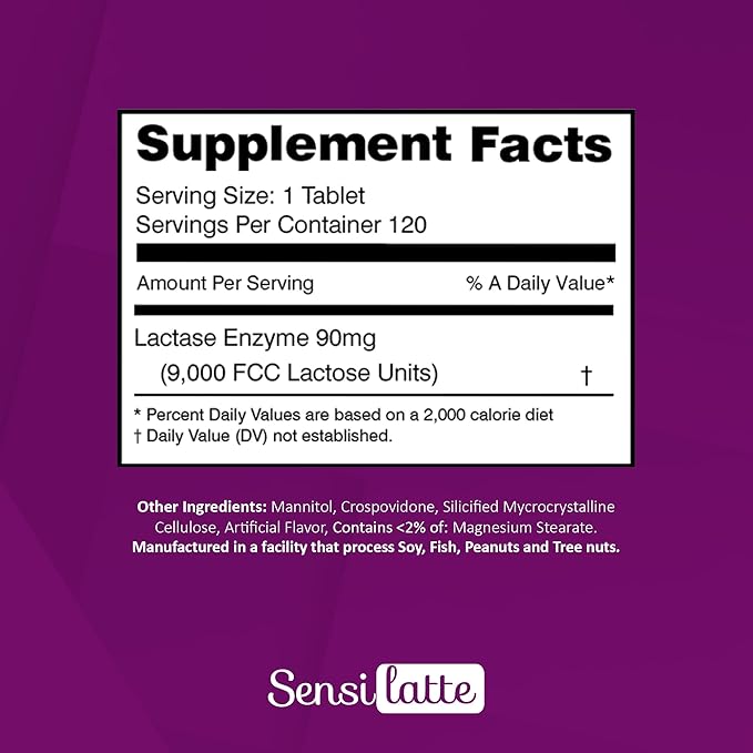 Lactase Enzyme 120 Tablets Vanilla - 9.000 FCC - Sensilatte – Quick Dissolution – Helps with Digestive Comfort – Prati Donaduzzi
