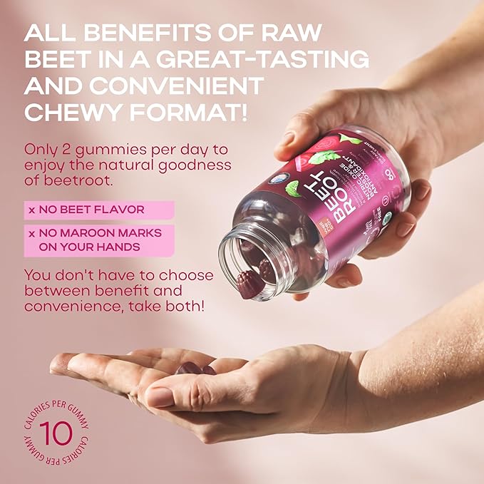 Beet Chews for High Blood Pressure - Beet Root Gummies Made in USA with Tart Cherry - Nitric Oxide Supplements for Energy and Cardio Health - Vegan, No GMO, Pectin Based - for Women and Men