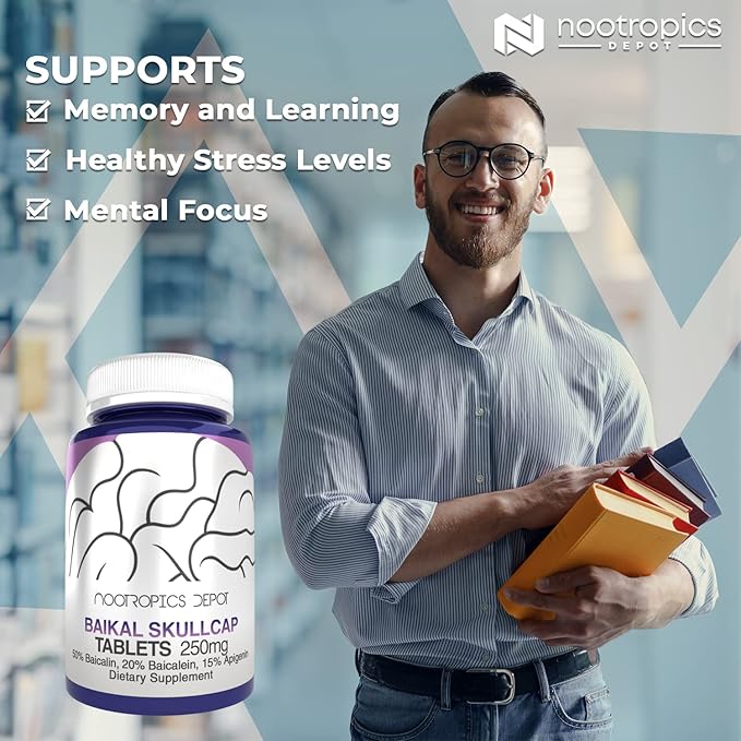 Nootropics Depot Baikal Skullcap Extract Tablets | 250mg | 120 Count | >15% Apigenin, >20% Baicalein, >50% Baicalin
