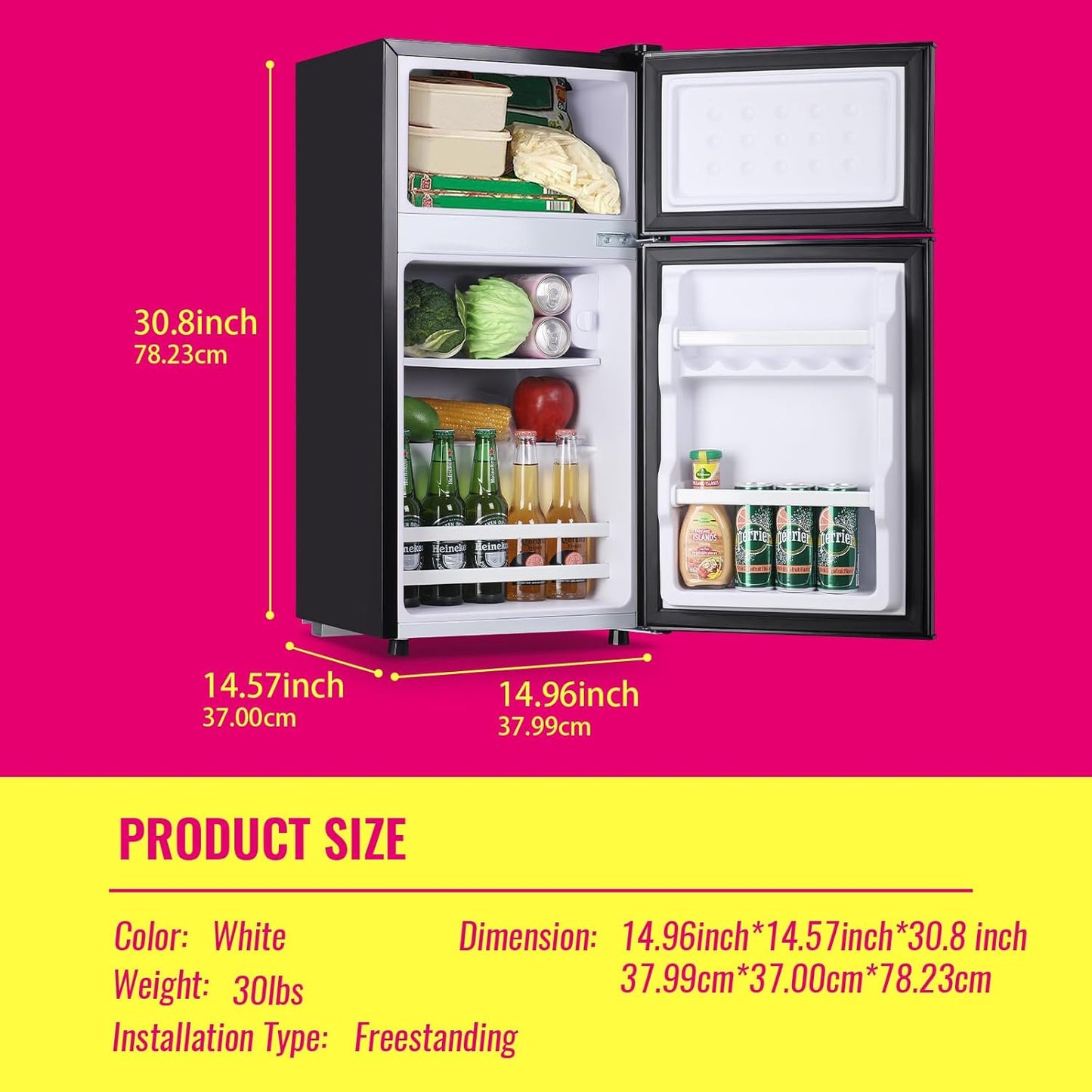 Mini Fridge with Top Freezer Apartment Size Dual Door Compact Small Refrigerator for Personal Use Small Mini Fridge with Egg tray, 7 Temperature Control For Dorm, Apatmet, Dark Grey