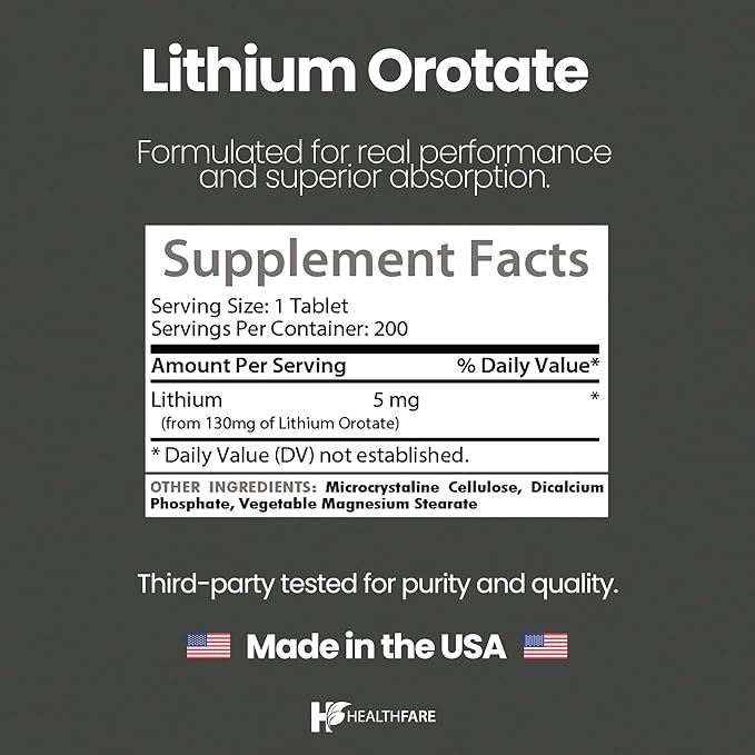 Lithium Orotate 130mg | 200 Veg Tablets | High Bioavailability | Gluten-Free | Non-GMO