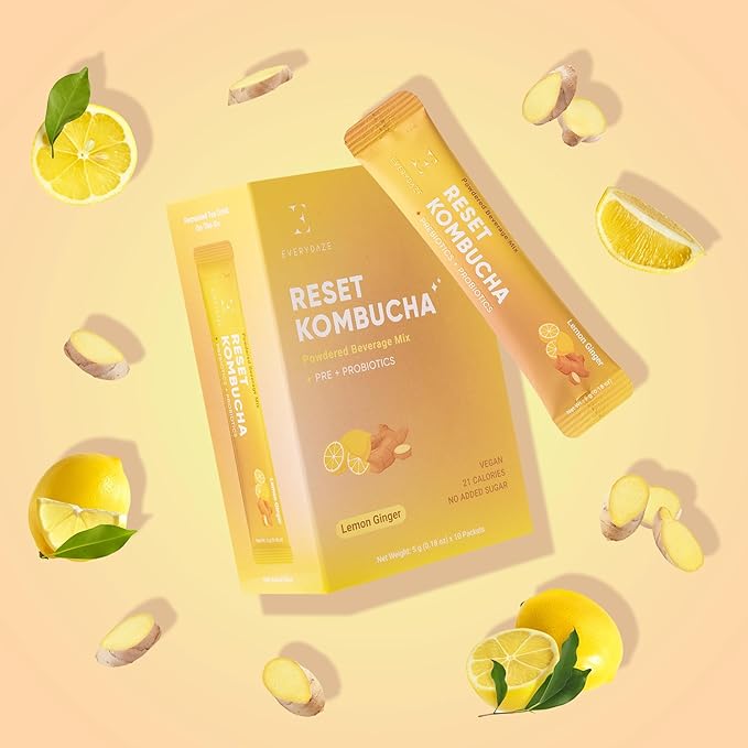 EVERYDAZE Reset Kombucha Tea Powdered Beverage Mix | 30 Pack (3 x 10ct) | Prebiotics + Probiotics | Vegan | No Added Sugar, Low Calorie, Gluten-Free, Sparkling Powder Drink (Lemon Ginger)