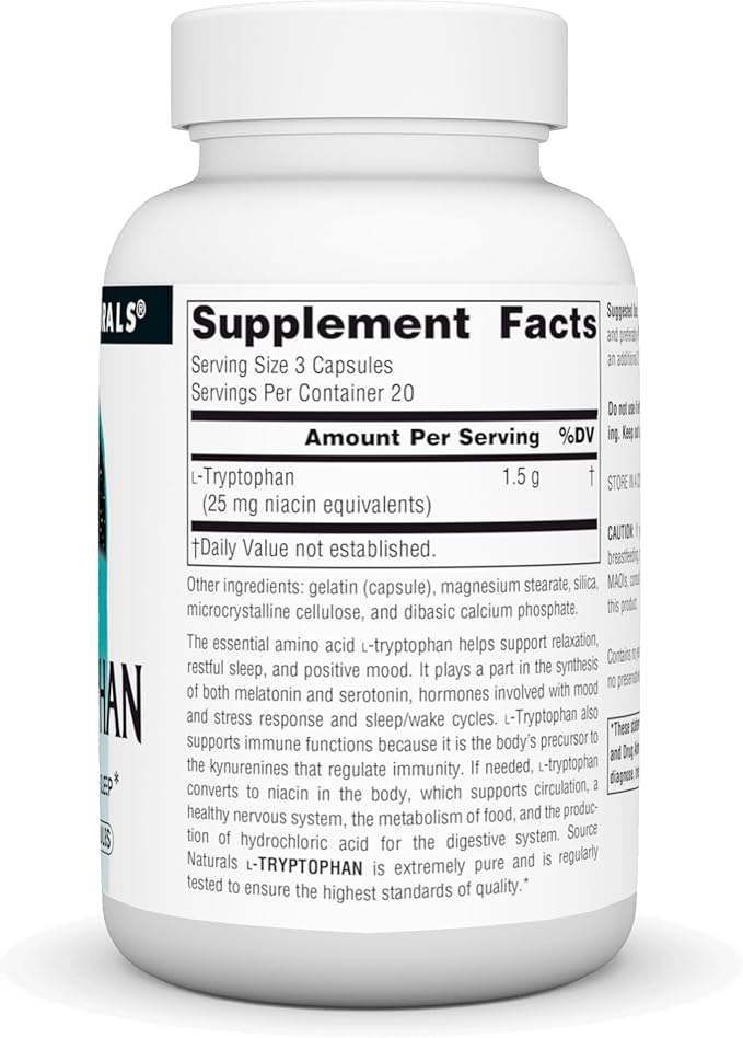 Source Naturals L-Tryptophan, for Mood, Relaxation, and Sleep*, 500mg - 60 Capsules