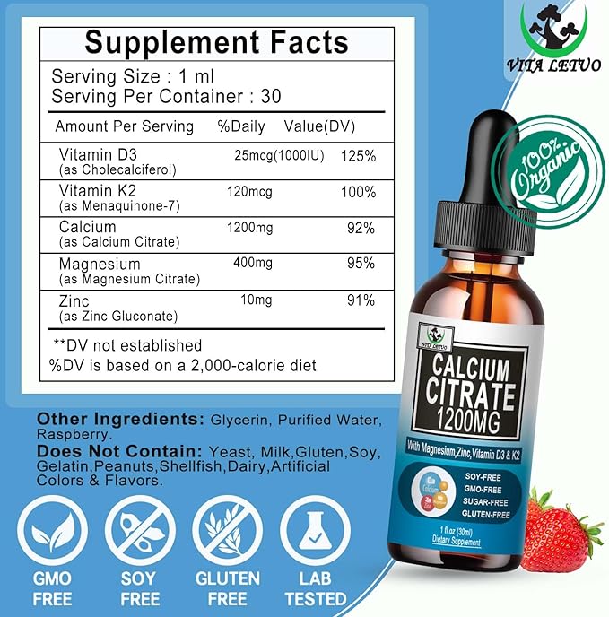 Calcium Citrate Supplement,1200mg Calcium with Vitamin D3 Drops for Bone,Teeth,Colon,Cardiovascular Health,High Absorption Liquid Calcium Magnesium Citrate 400mg Plus Zinc Vitamin K2,Vegan,30 Servings