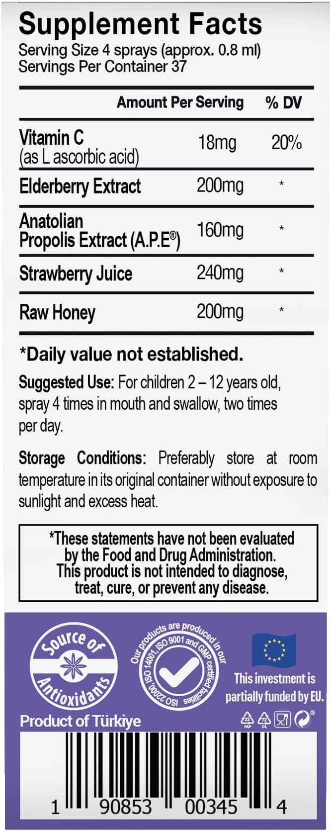 Bee and You, Kids Immune Support Supplement Throat Spray, Elderberry, Raw Honey, Propolis Extract, Vitamin C, Strawberry Juice, Antioxidants, Sore Throat Relief, 1 fl. Oz