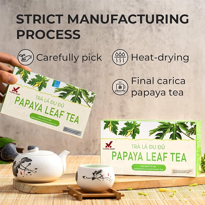 VUONGMART Dried Carica Papaya Leaf Tea, Stevia, 100% Hand Pick, Organic Herbal Tea, 30 Count, Gluten Free, Dairy Free, Sugar Free, Energy Boost & Health Support