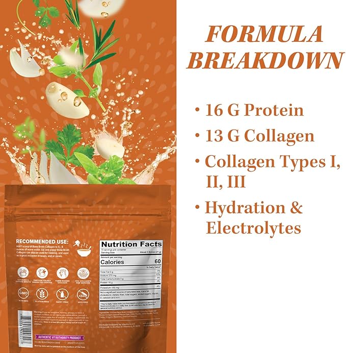 Vitauthority Bone Broth Collagen Delicious Chicken Noodle Flavored - Packed with 16g of Protein & Types I, II, III - Nourishes Skin, Hair, Nails, Joints, & Gut - Beef BoneBroth