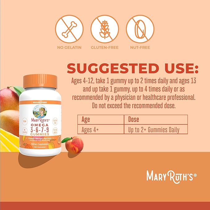 MaryRuth Organics Vegan Omega 3 6 7 9 Gummies | Up to 4 Month Supply | Omega 3 Supplement with Flaxseed Oil | Omega 3 Gummies | No Fish Taste | Non-GMO | 120 Count