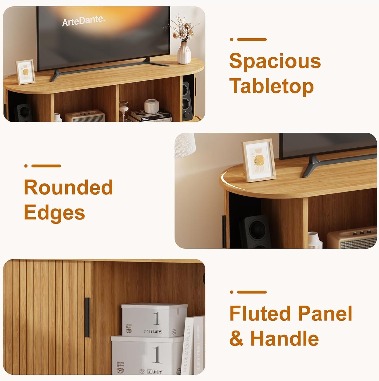 Mid Century Modern TV Stand Media Console with 4 Storage Compartments & Sliding Doors Entertainment Center for ups to 65 Inch Tvs Wood TV Cabinet Furniture for Living Room Bedroom (Natural)