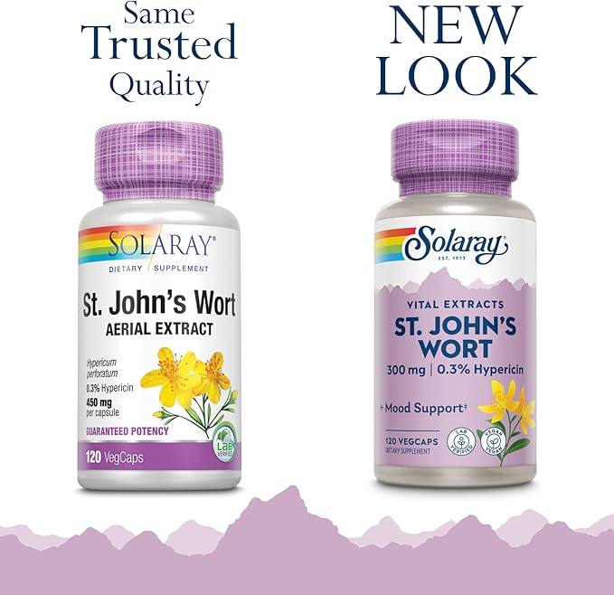 SOLARAY St Johns Wort Aerial Extract 300 mg, 0.3% Hypericin, Mood & Brain Health Support, Vegan & Lab Verified for Quality, 120 Servings, 120 VegCaps