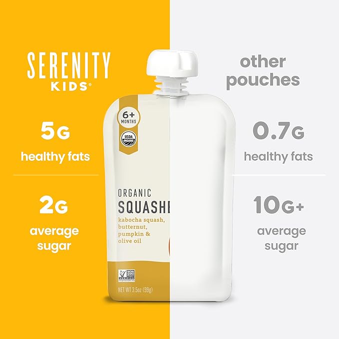Serenity Kids 6+ Months Squash Veggie Baby Food Puree Pouches - BPA-Free & USDA Organic & Allergen Free - No Added Sugars - 3.5 Oz 12 Pack