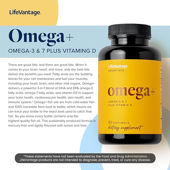 LifeVantage - Omega+ - Supplement 3-in-1 Blend of Omega-3 & 7, Vitamin D and for Brain, Cardiovascular, Skin Health and Immunity - 90 Softgels