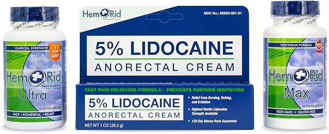 HemRid Complete Hemorrhoid Care System ā Potent 5% Lidocaine Cream for Rapid Topical Comfort, Max Ultra Capsules for Ongoing Vascular Health and Circulatory Support
