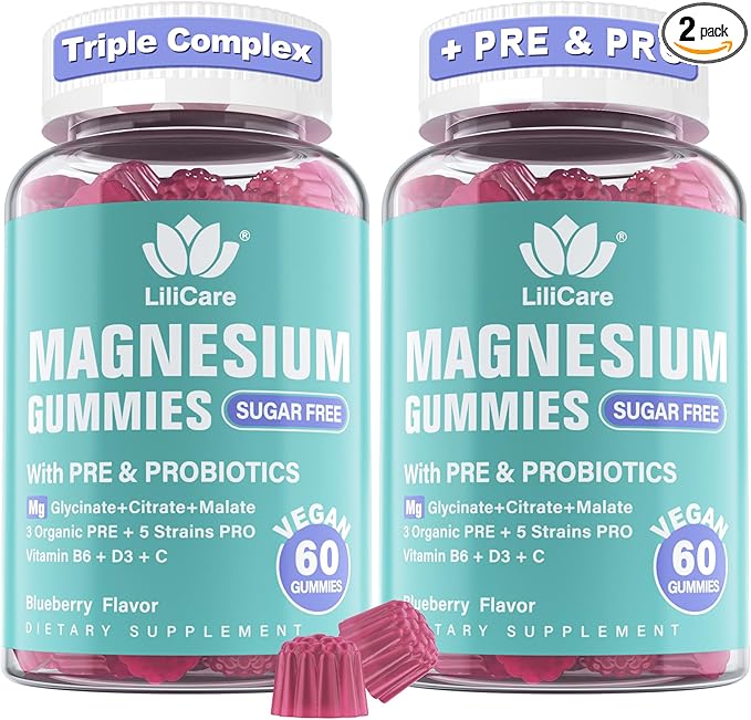 Magnesium Gummies 400mg for Women Men Sugar Free | Calm Magnesium Glycinate Citrate Malate Complex with Prebiotics & Probiotics 5 Billion CFU, Vitamin B6 D3 C | Triple Magnesium Supplement, 120Cts