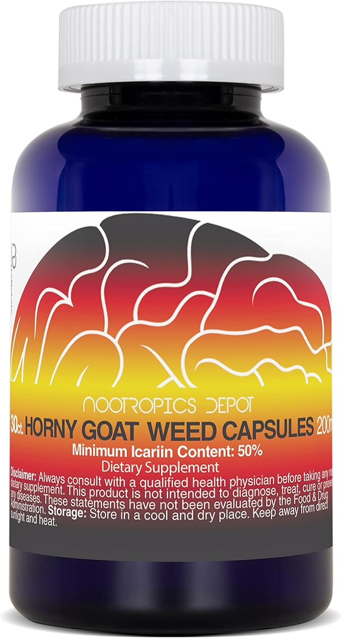 Nootropics Depot Horny Goat Weed Capsules | 200mg | 30 Count | Minimum 50% Icariin | Epimedium brevicornum